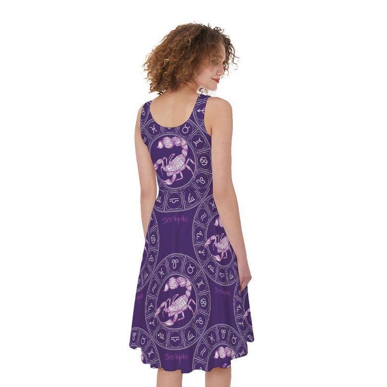 Purple Scorpio Zodiac Pattern Print Sleeveless Knee Length Dress