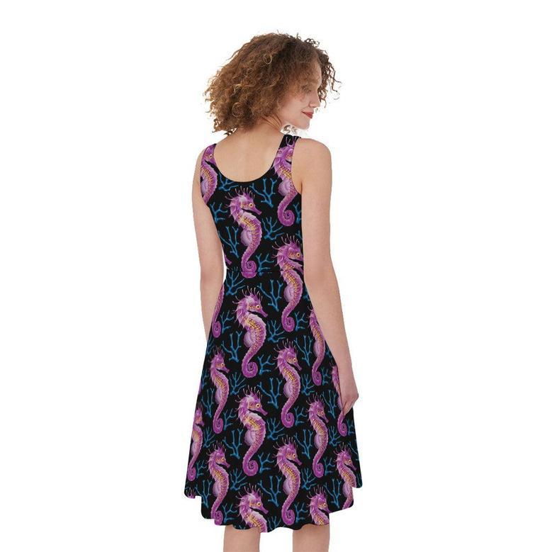 Purple Seahorse Pattern Print Sleeveless Knee Length Dress