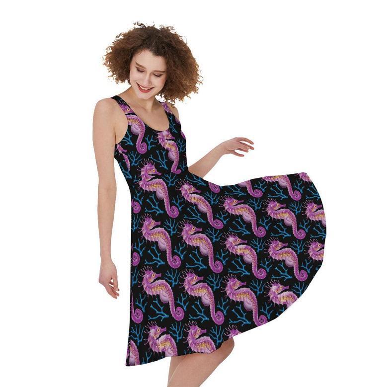 Purple Seahorse Pattern Print Sleeveless Knee Length Dress