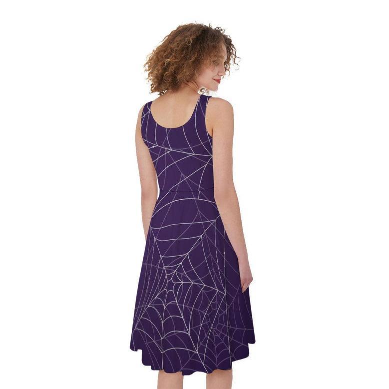 Purple Spider Web Pattern Print Sleeveless Knee Length Dress