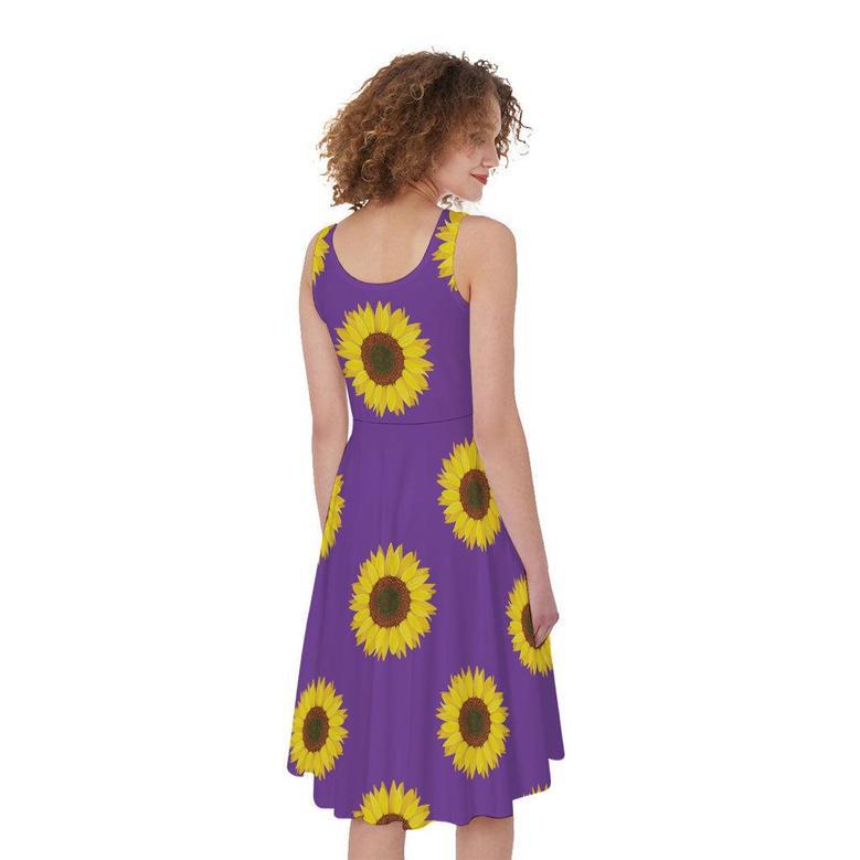 Purple Sunflower Pattern Print Sleeveless Knee Length Dress