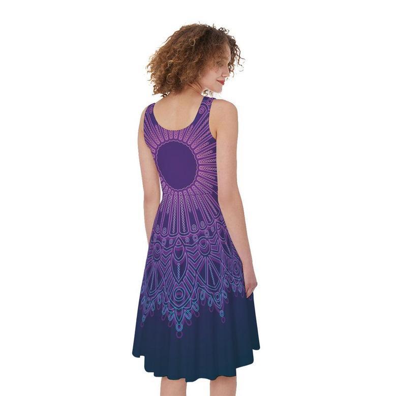 Purple Trippy Mandala Print Sleeveless Knee Length Dress