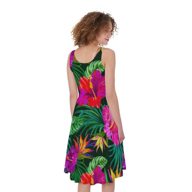 Purple Tropical Pattern Print Sleeveless Knee Length Dress