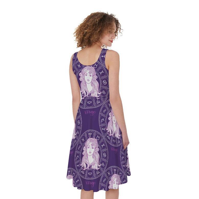 Purple Virgo Zodiac Pattern Print Sleeveless Knee Length Dress