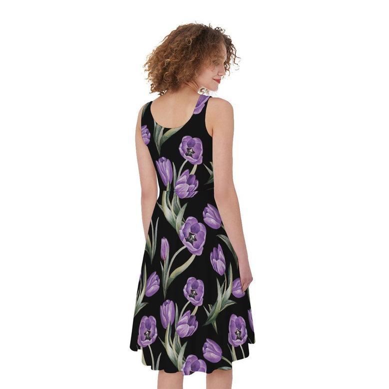 Purple Watercolor Tulip Pattern Print Sleeveless Knee Length Dress