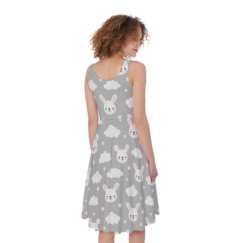 Rabbit And Cloud Pattern Print Sleeveless Knee Length Dress