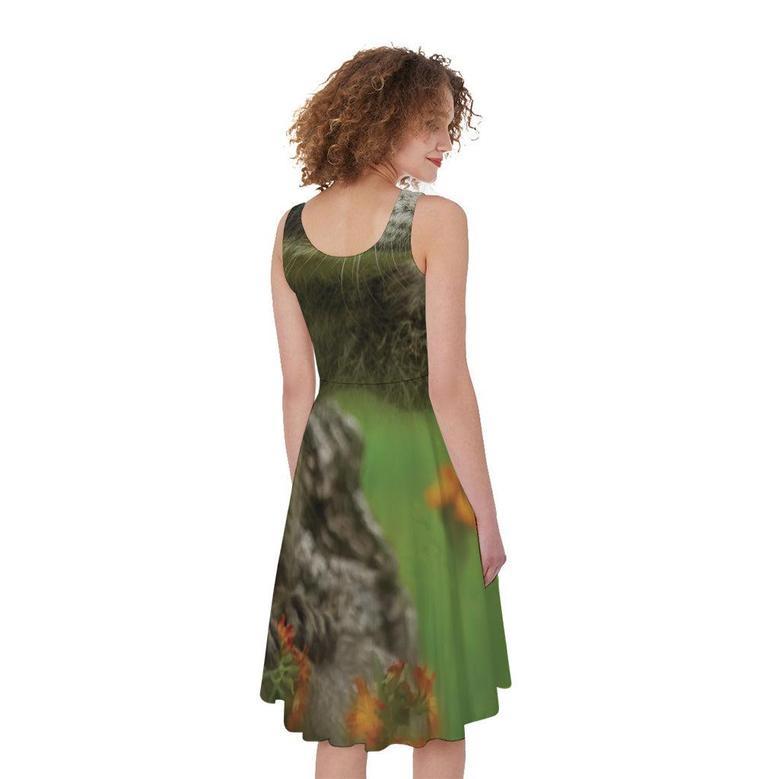 Raccoon And Flower Print Sleeveless Knee Length Dress