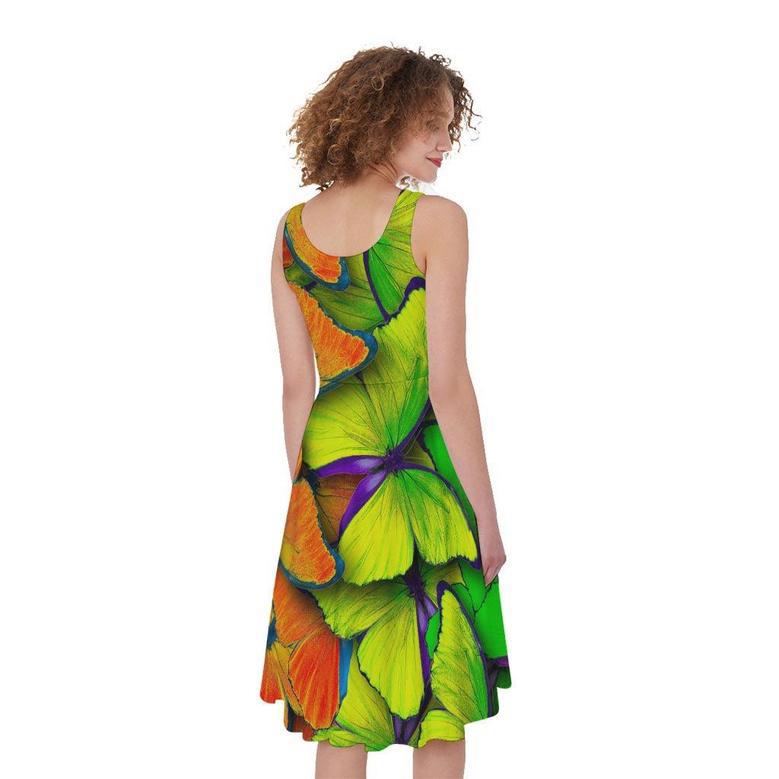 Rainbow Butterfly Pattern Print Sleeveless Knee Length Dress