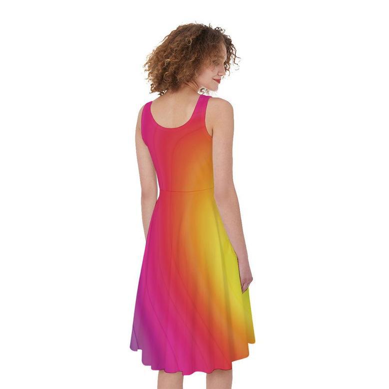 Rainbow Flow Print Sleeveless Knee Length Dress