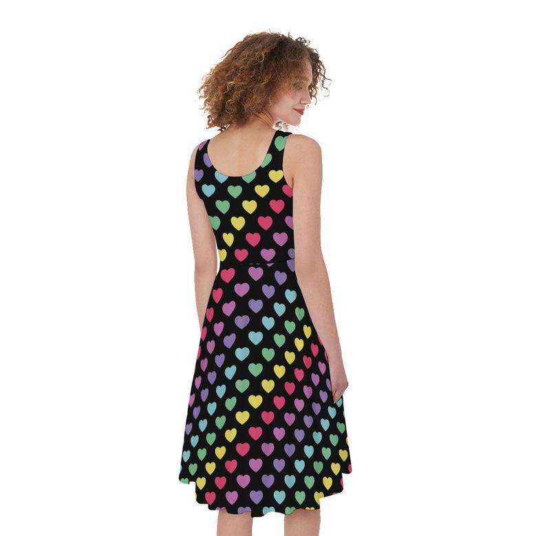 Rainbow Heart Pattern Print Sleeveless Knee Length Dress