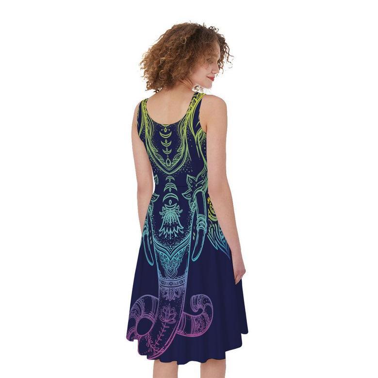 Rainbow Indian Elephant Print Sleeveless Knee Length Dress