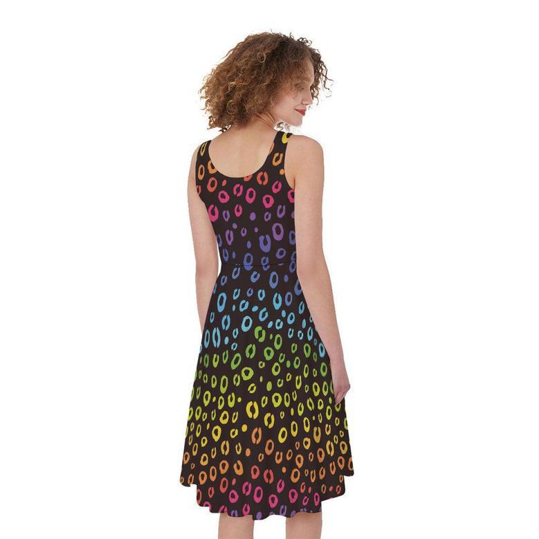 Rainbow Leopard Pattern Print Sleeveless Knee Length Dress