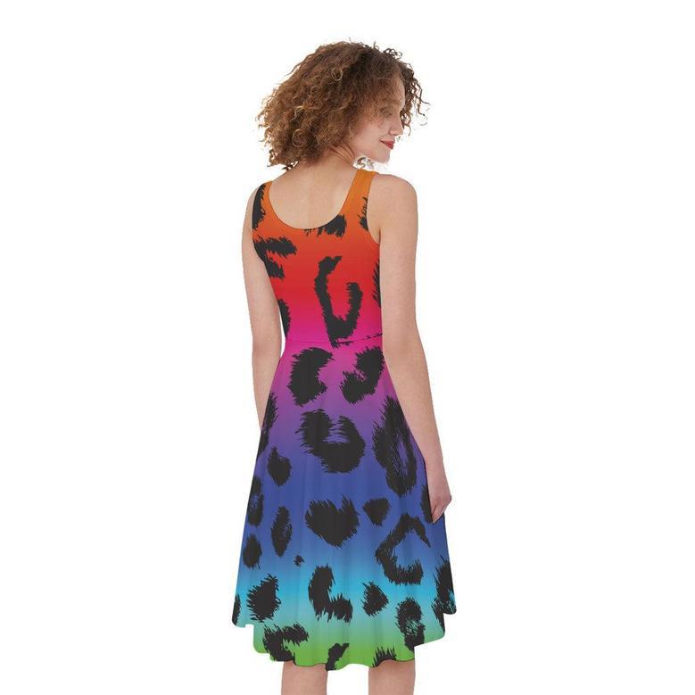 Rainbow Leopard Print Sleeveless Knee Length Dress