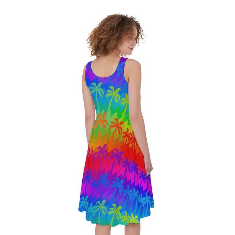 Rainbow Palm Tree Pattern Print Sleeveless Knee Length Dress