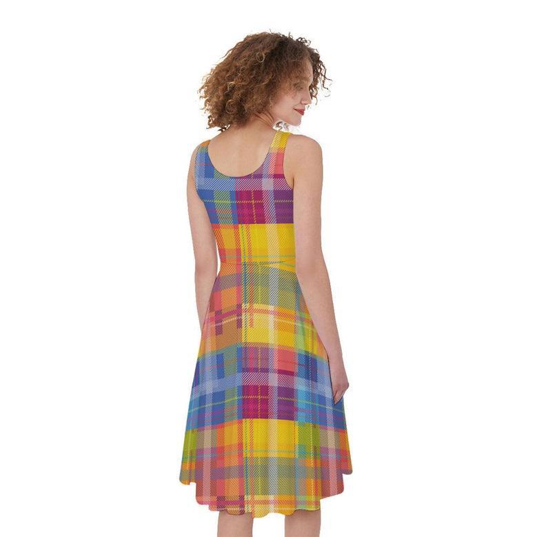 Rainbow Plaid Pattern Print Sleeveless Knee Length Dress