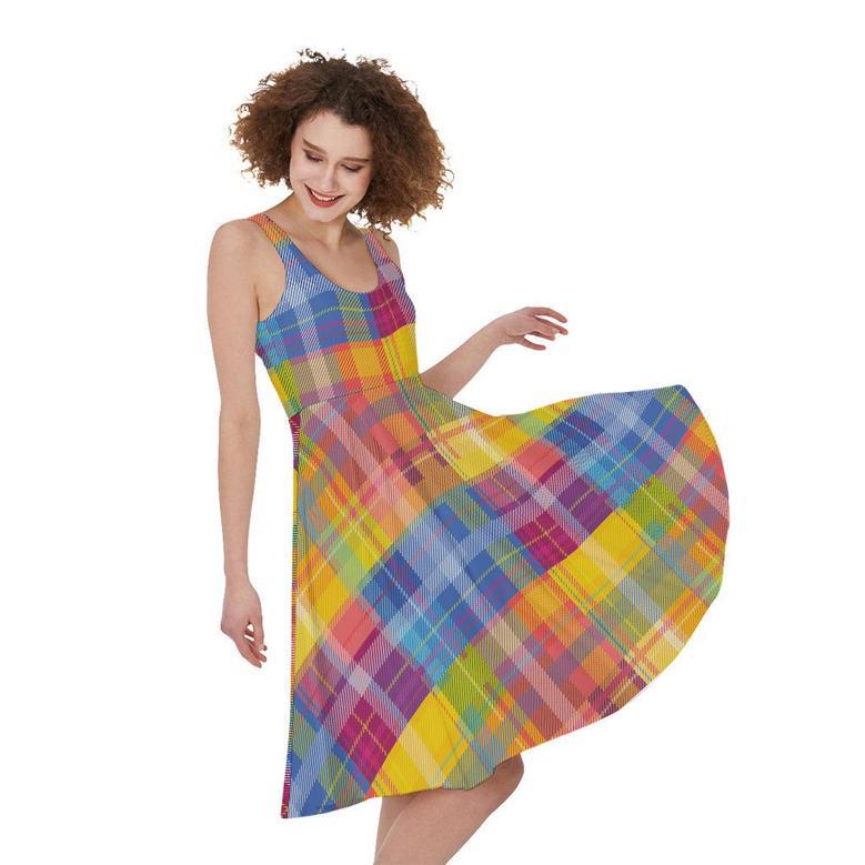 Rainbow Plaid Pattern Print Sleeveless Knee Length Dress