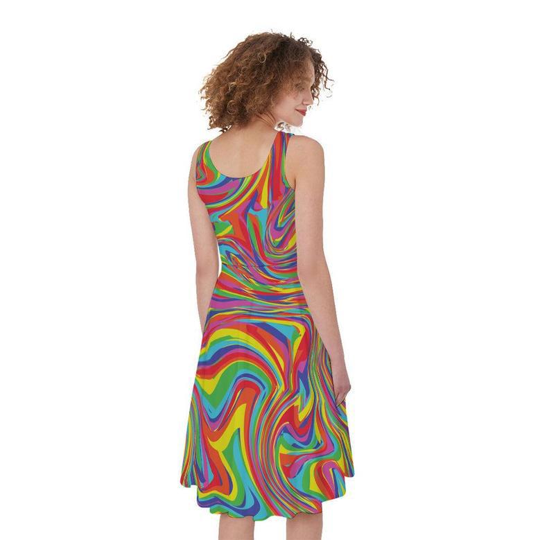 Rainbow Rave Print Sleeveless Knee Length Dress