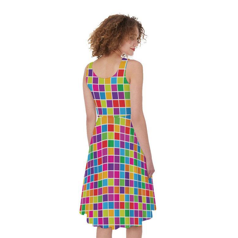 Rainbow Squares Pattern Print Sleeveless Knee Length Dress