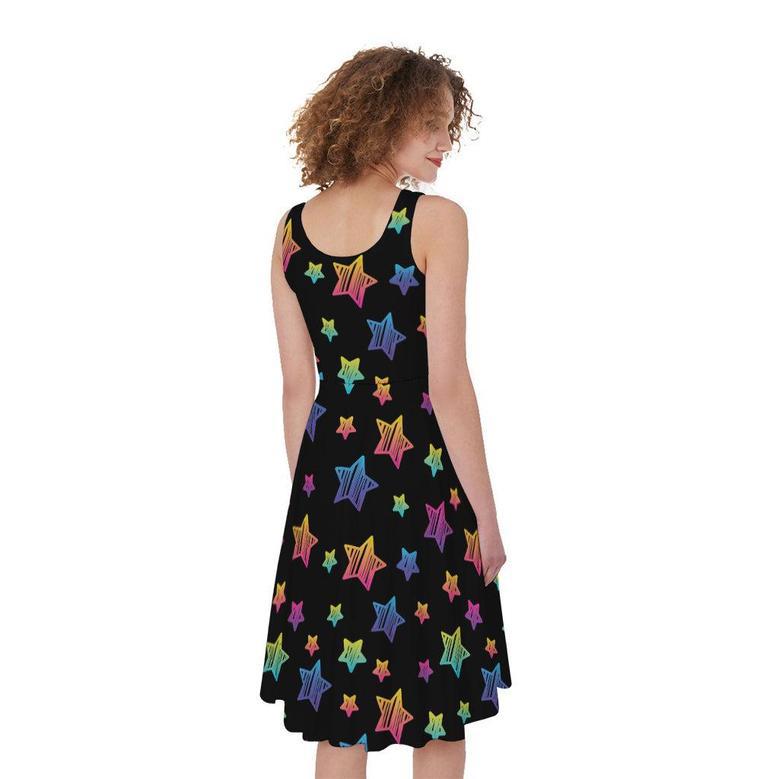 Rainbow Stars Pattern Print Sleeveless Knee Length Dress