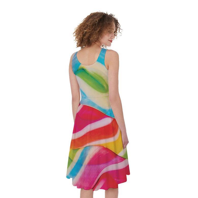 Rainbow Swirl Candy Print Sleeveless Knee Length Dress