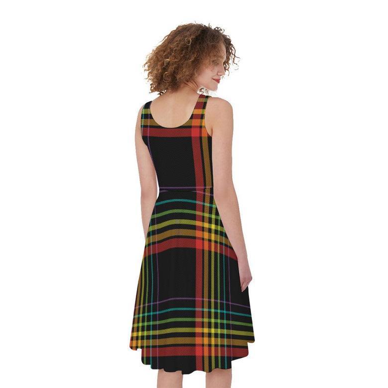 Rainbow Tartan Pattern Print Sleeveless Knee Length Dress