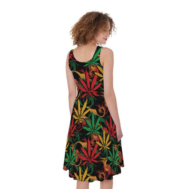 Rasta Marijuana Pattern Print Sleeveless Knee Length Dress