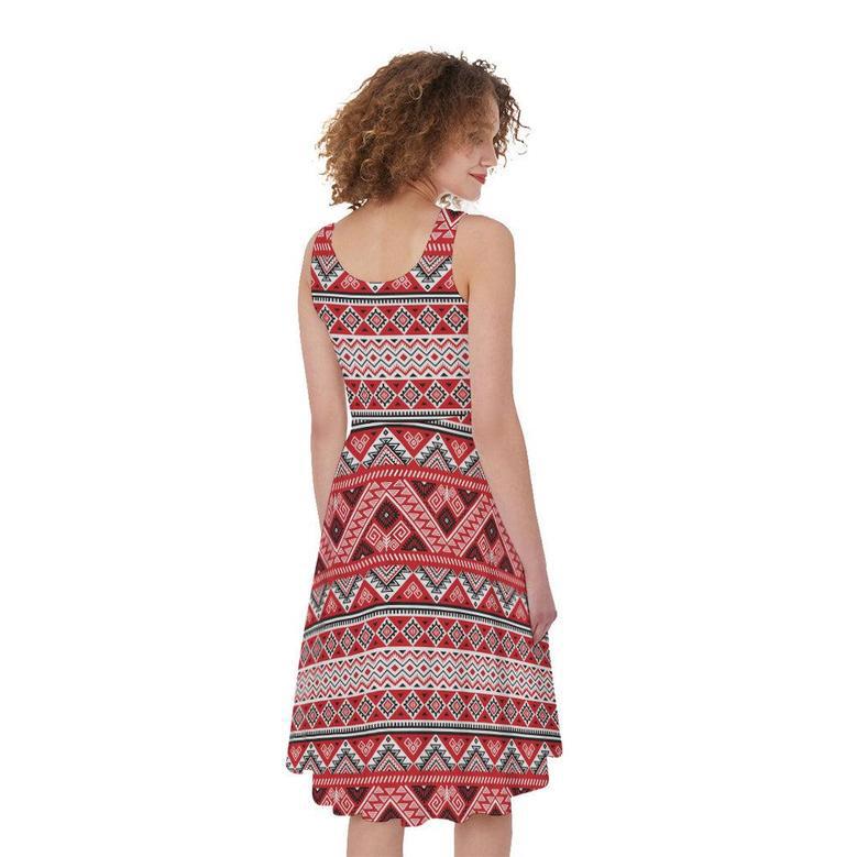 Red And White Native Tribal Print Sleeveless Knee Length Dress