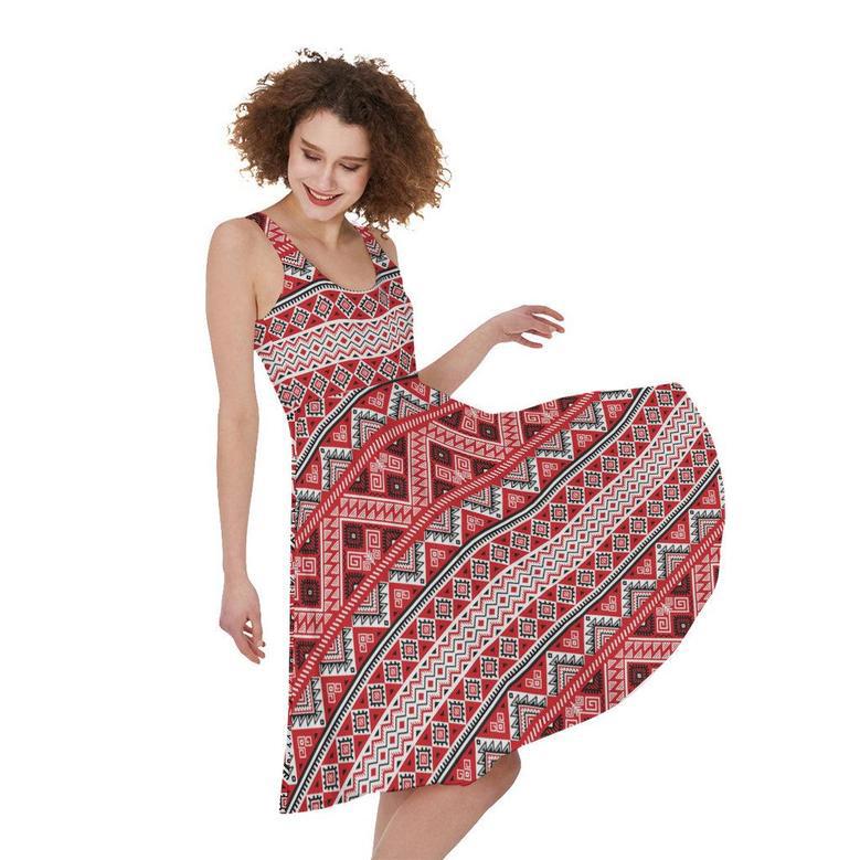 Red And White Native Tribal Print Sleeveless Knee Length Dress