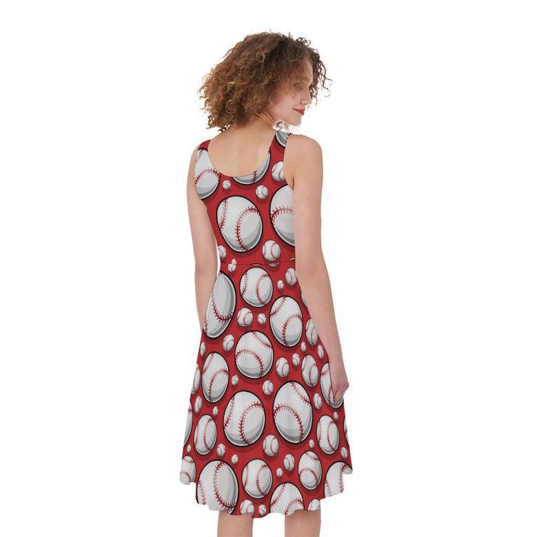 Red Baseball Pattern Print Sleeveless Knee Length Dress