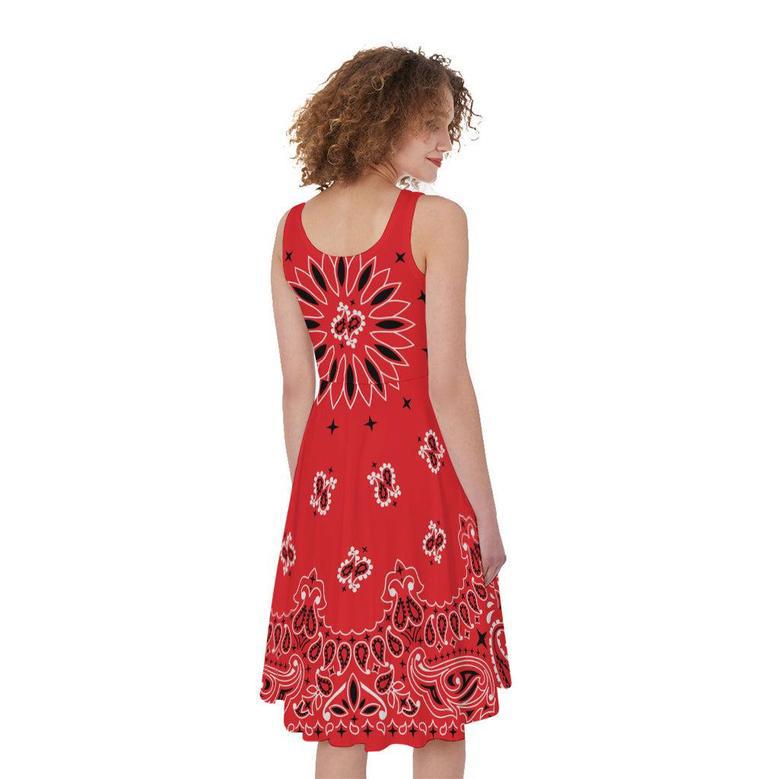 Red Black And White Bandana Print Sleeveless Knee Length Dress