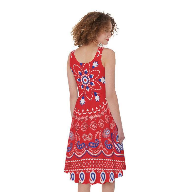 Red Blue And White Bandana Print Sleeveless Knee Length Dress