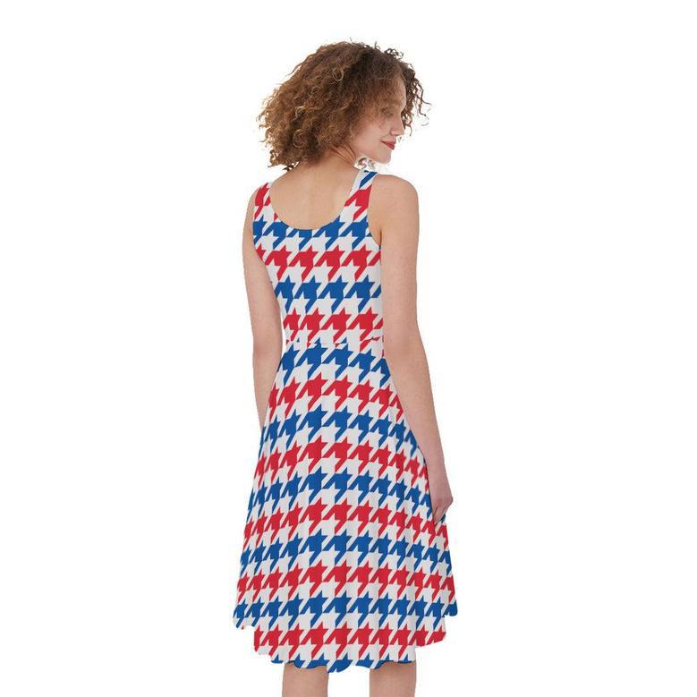 Red Blue And White Houndstooth Print Sleeveless Knee Length Dress