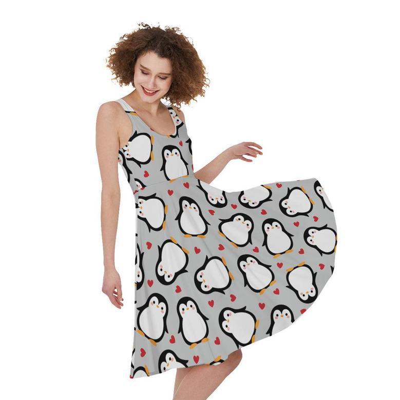 Red Heart And Penguin Pattern Print Sleeveless Knee Length Dress