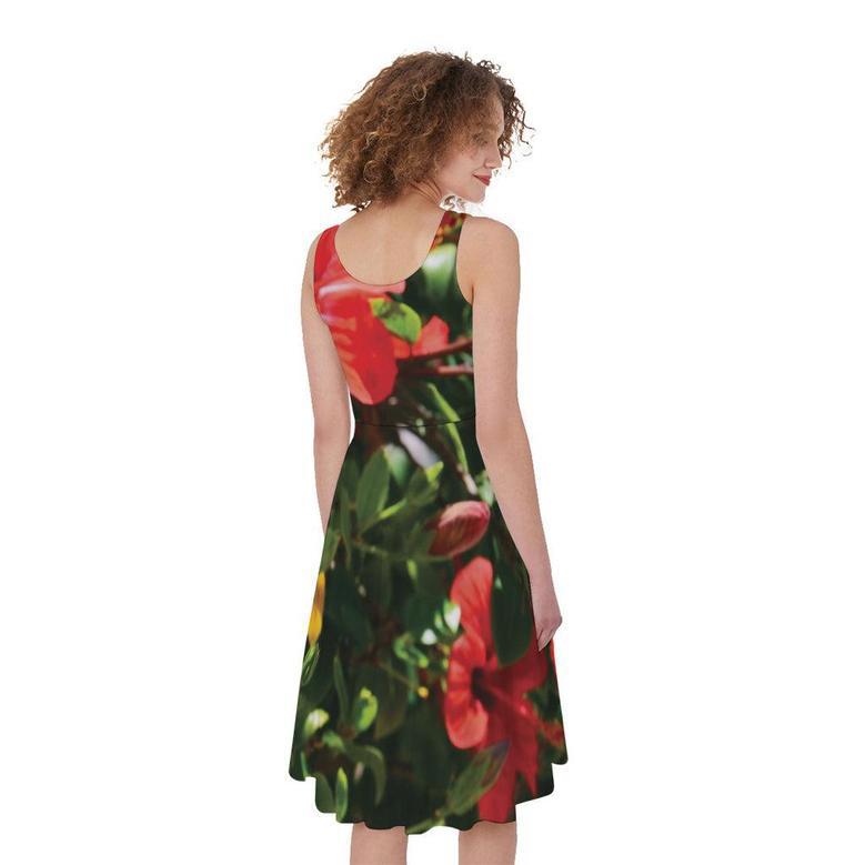 Red Hibiscus Flowers Print Sleeveless Knee Length Dress