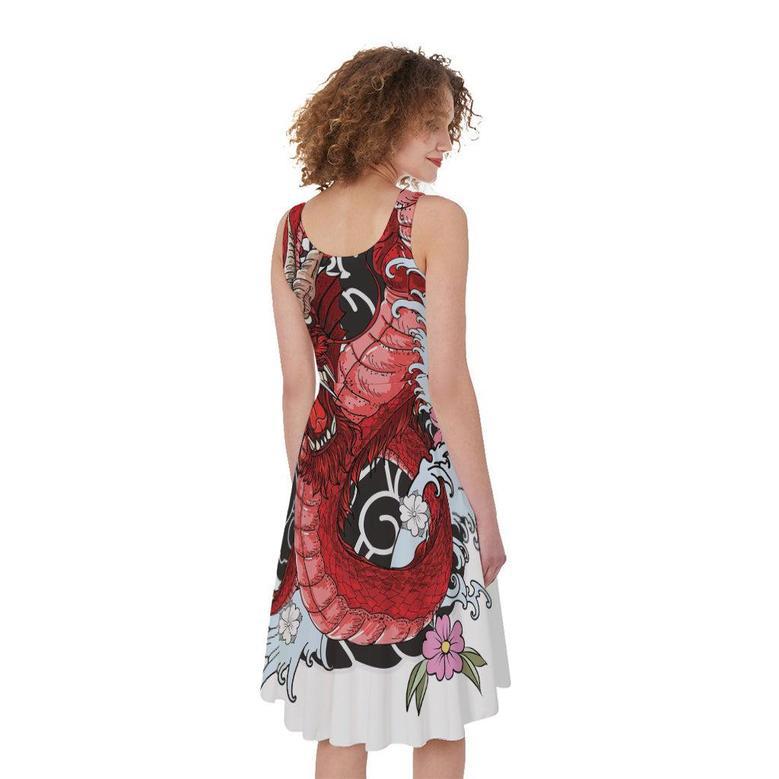 Red Japanese Dragon Tattoo Print Sleeveless Knee Length Dress