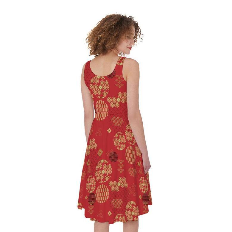 Red Japanese Pattern Print Sleeveless Knee Length Dress