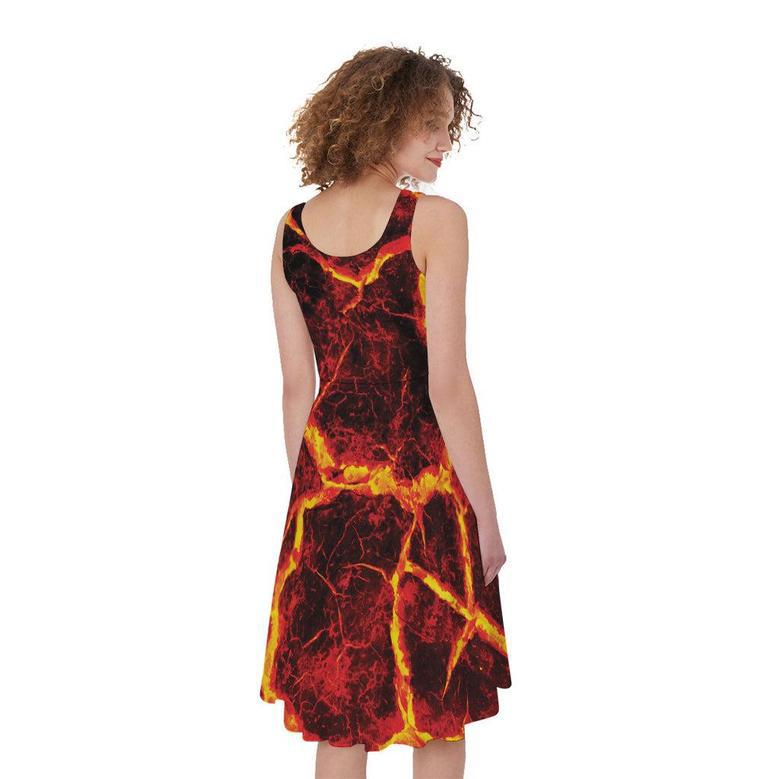 Red Lava Print Sleeveless Knee Length Dress