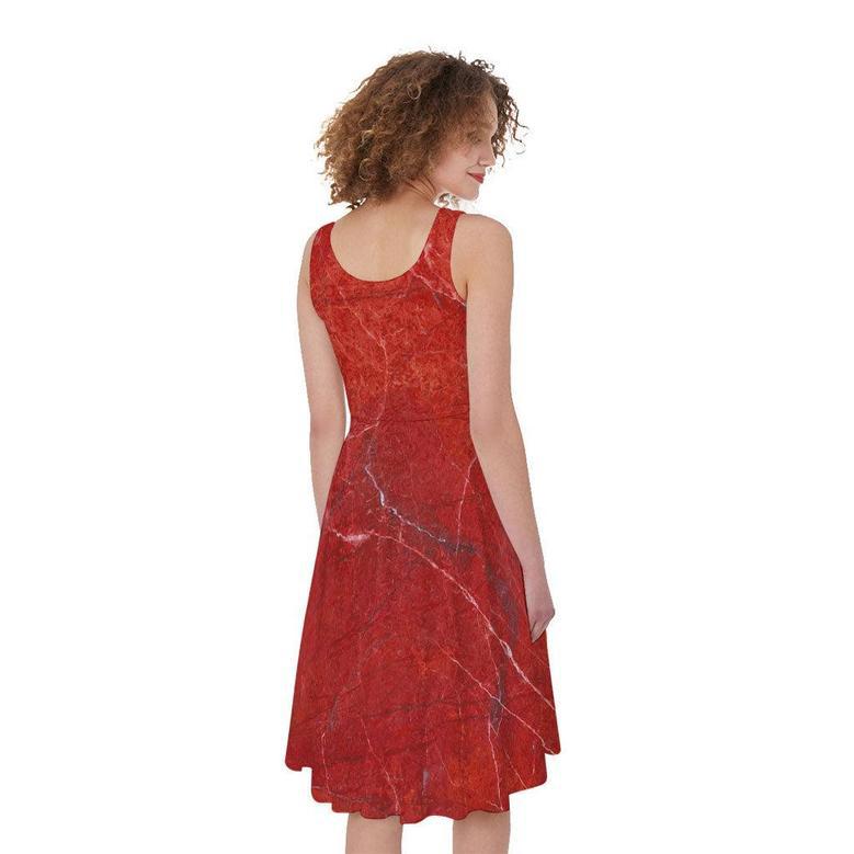 Red Marble Print Sleeveless Knee Length Dress