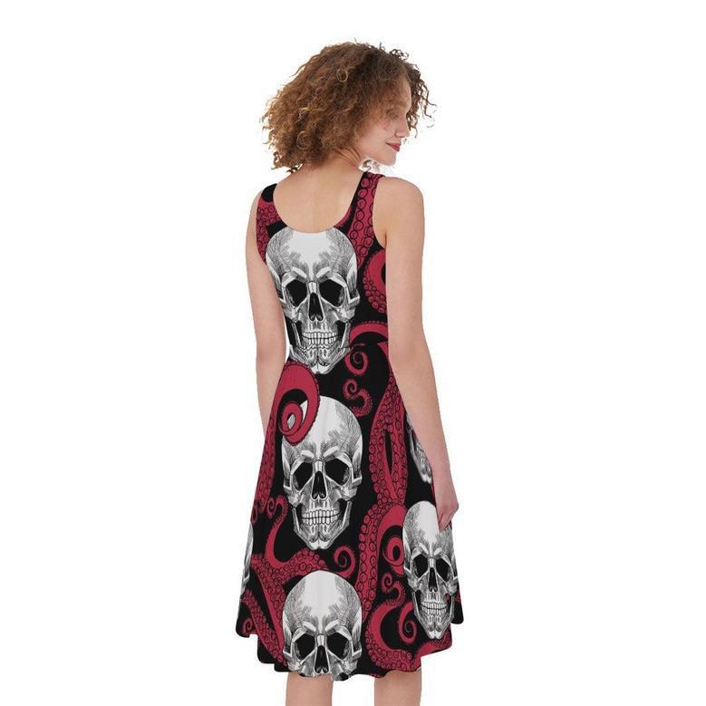 Red Octopus Skull Pattern Print Sleeveless Knee Length Dress