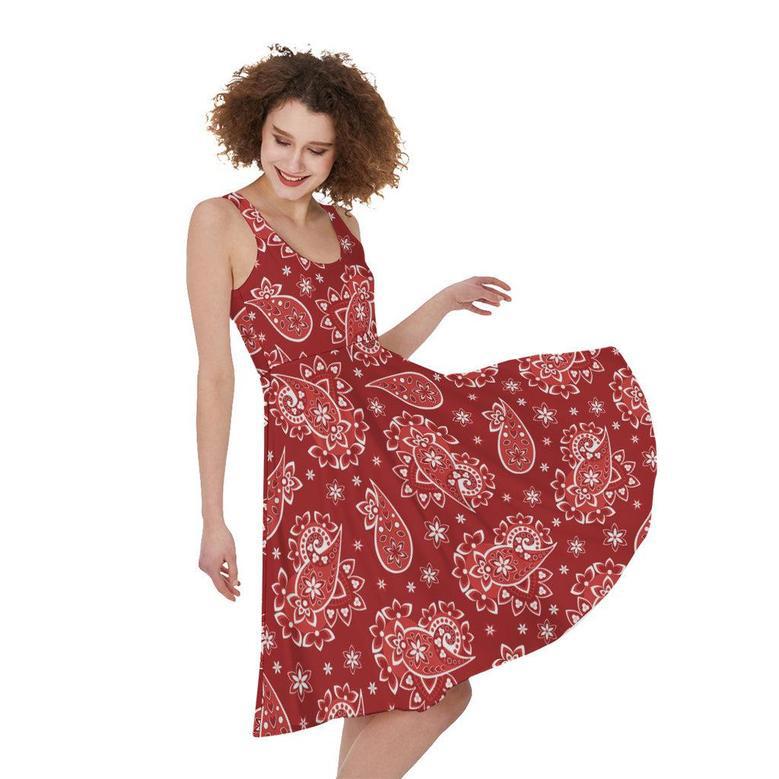 Red Paisley Pattern Print Sleeveless Knee Length Dress