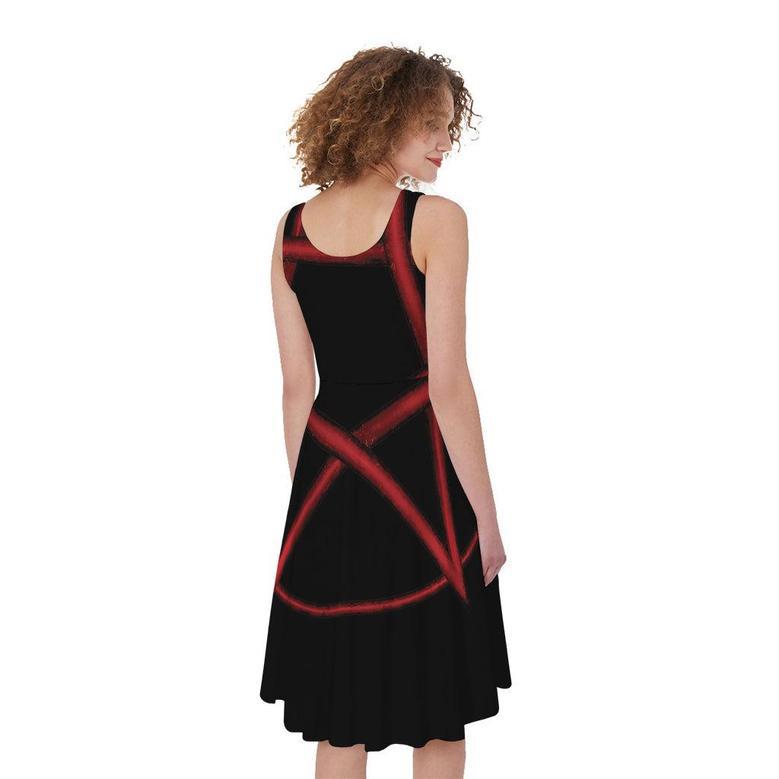 Red Pentagram Symbol Print Sleeveless Knee Length Dress