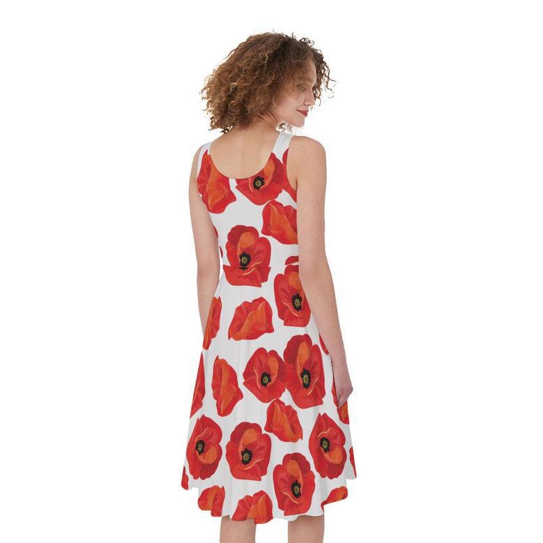 Red Poppy Pattern Print Sleeveless Knee Length Dress