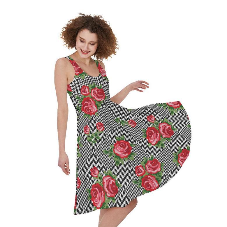 Red Roses Houndstooth Pattern Print Sleeveless Knee Length Dress