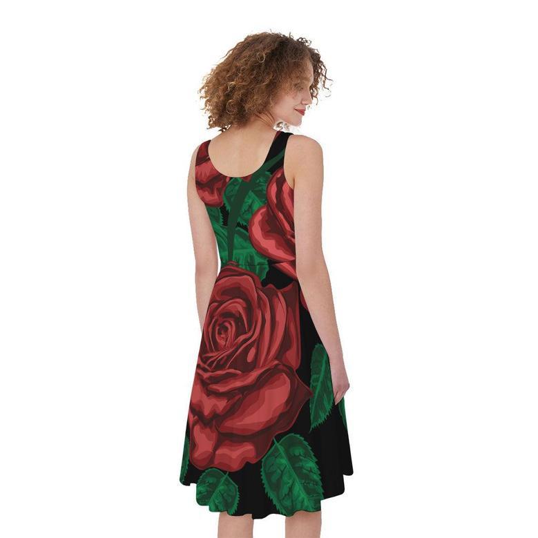 Red Roses Tattoo Print Sleeveless Knee Length Dress