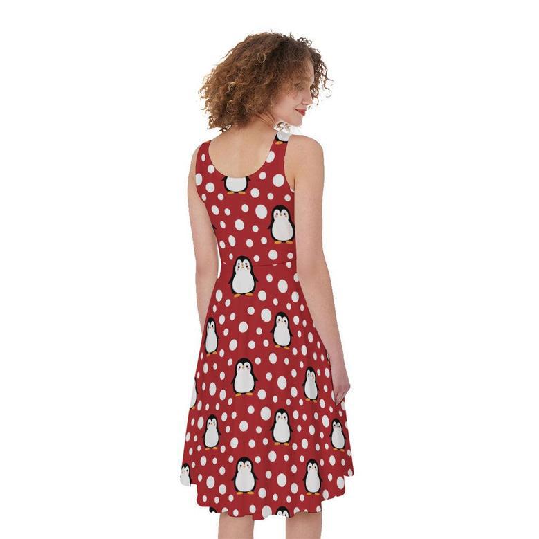 Red Snow Penguin Pattern Print Sleeveless Knee Length Dress