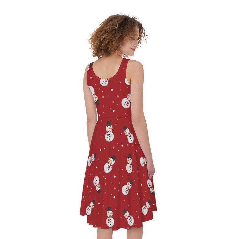 Red Snowman Pattern Print Sleeveless Knee Length Dress