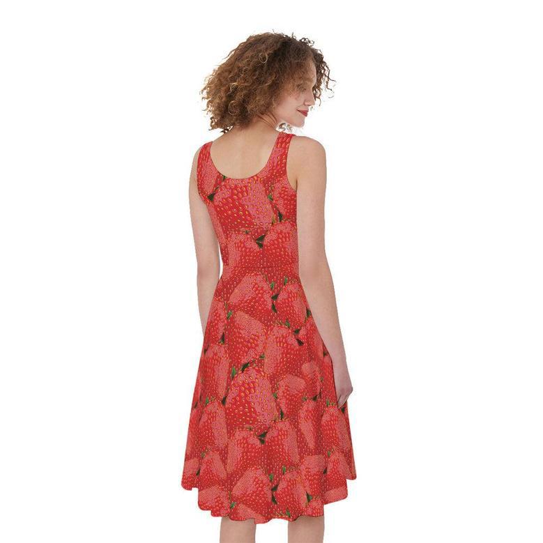 Red Strawberry Pattern Print Sleeveless Knee Length Dress