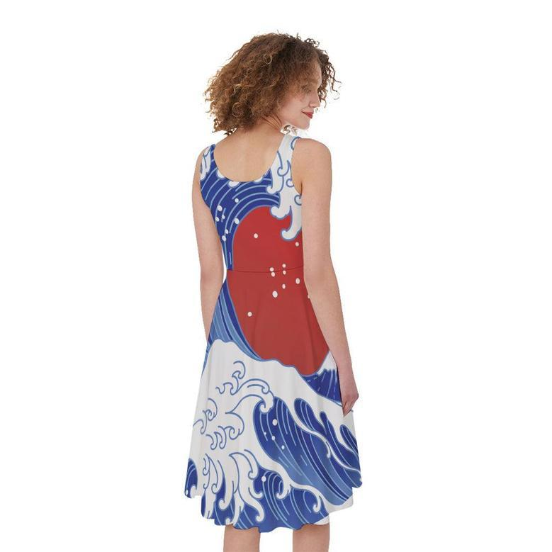 Red Sun Japanese Wave Print Sleeveless Knee Length Dress