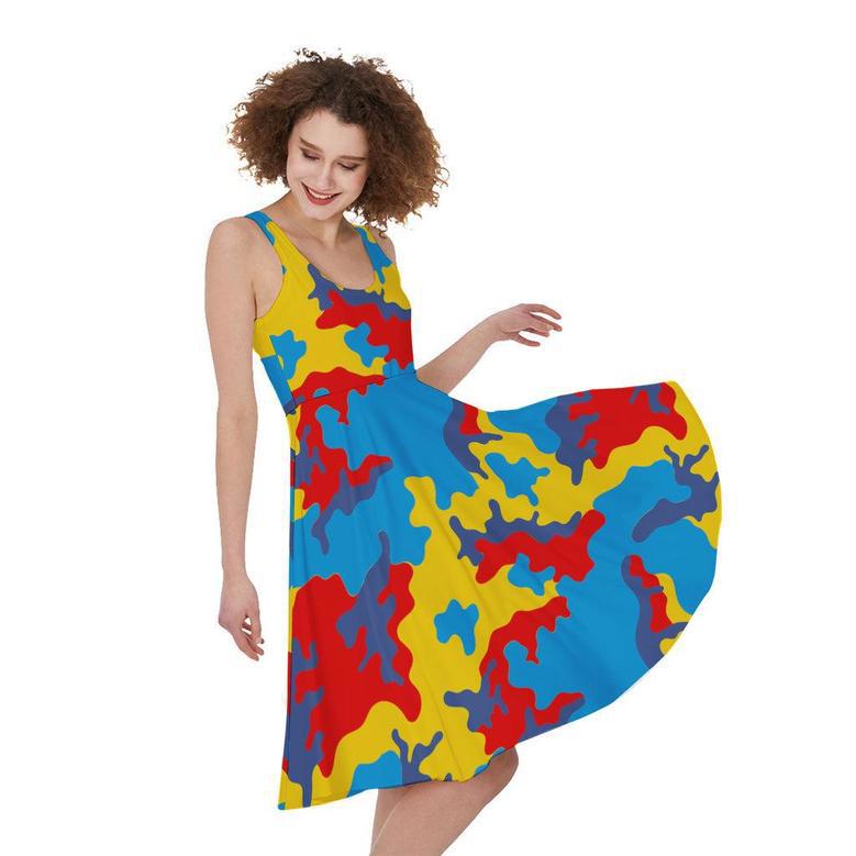 Red Yellow And Blue Camouflage Print Sleeveless Knee Length Dress