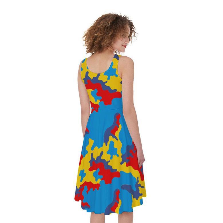 Red Yellow And Blue Camouflage Print Sleeveless Knee Length Dress